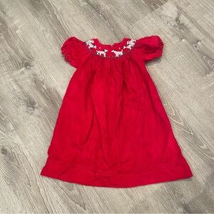 Vintage Anavini Girls Red Smocked Dress With Embroidered Dog Design Size 3T